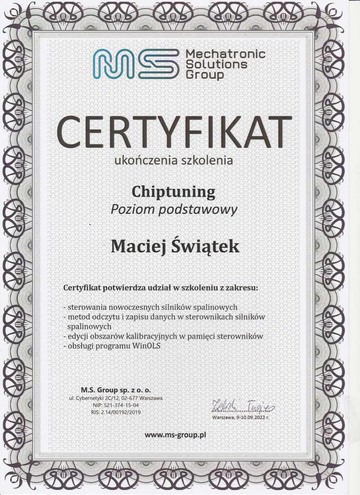 Certyfikat — Chiptuning podstawowy