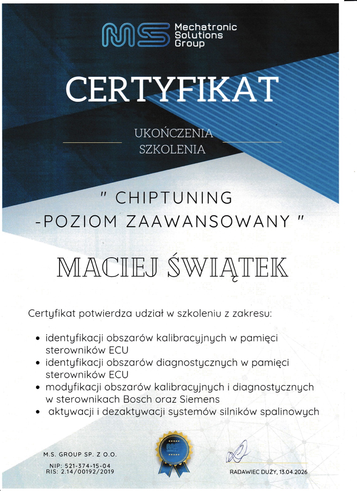 Certyfikat — Chiptuning zaawansowany