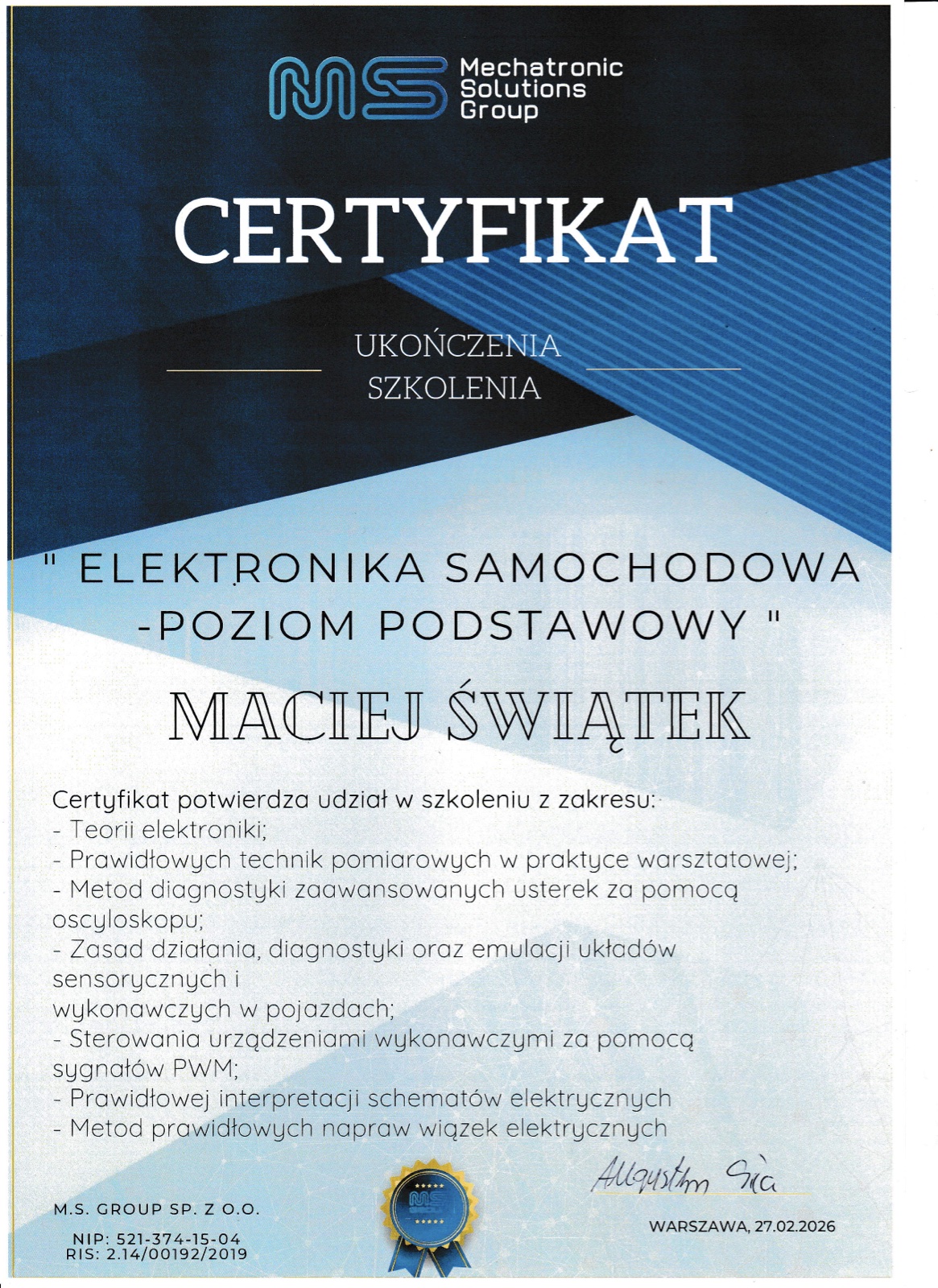 Certyfikat — Elektronika samochodowa